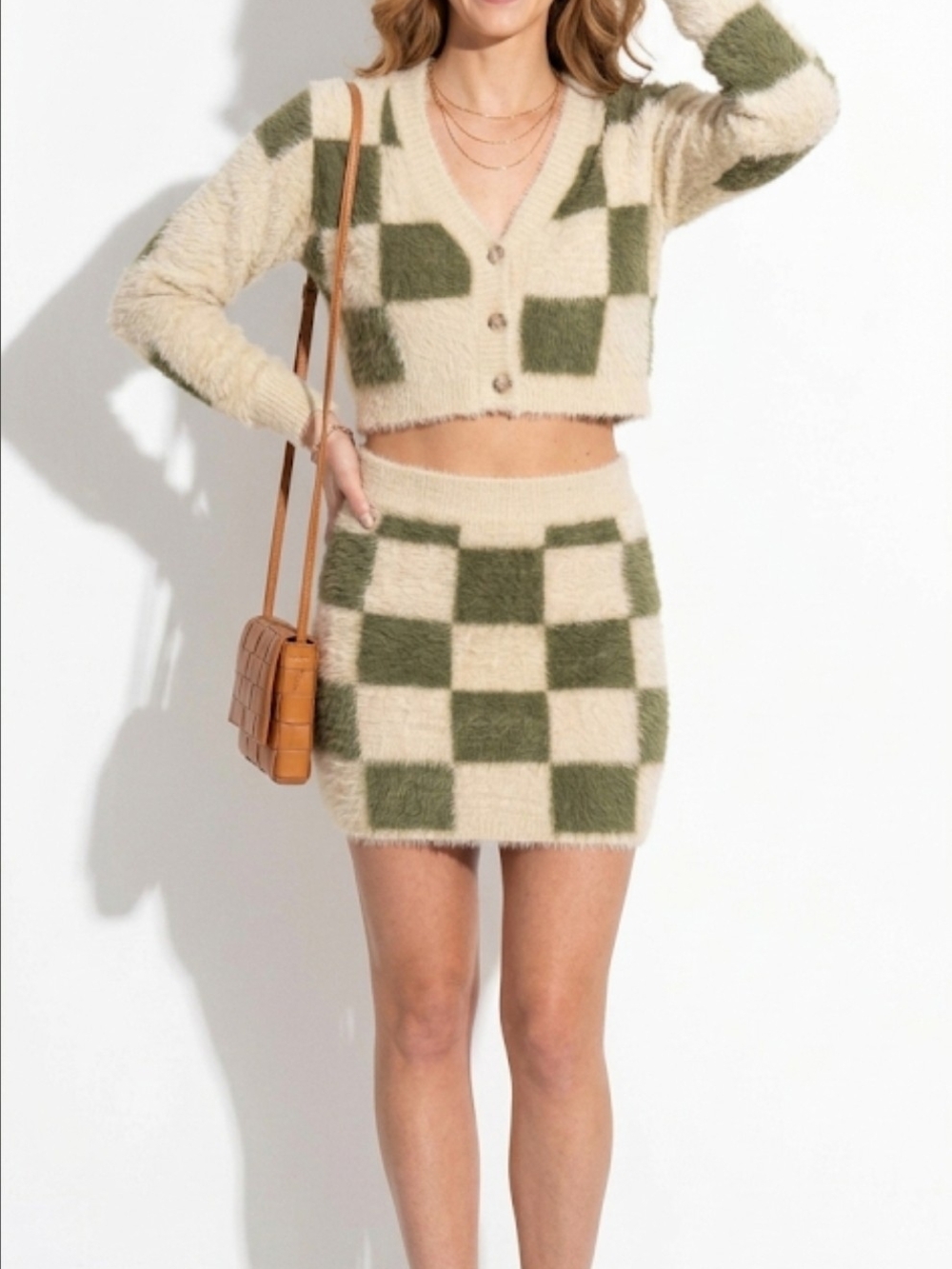 Forever 21 Fuzzy Checkerboard Mini Skirt in Cream and Olive
